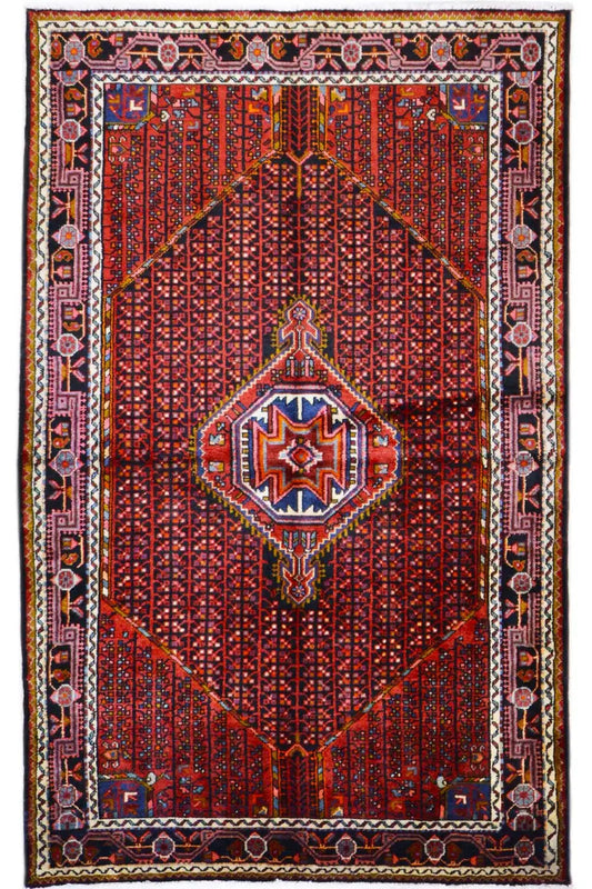 Hamadan rug with a red background, central star-shaped medallion, and side ornaments