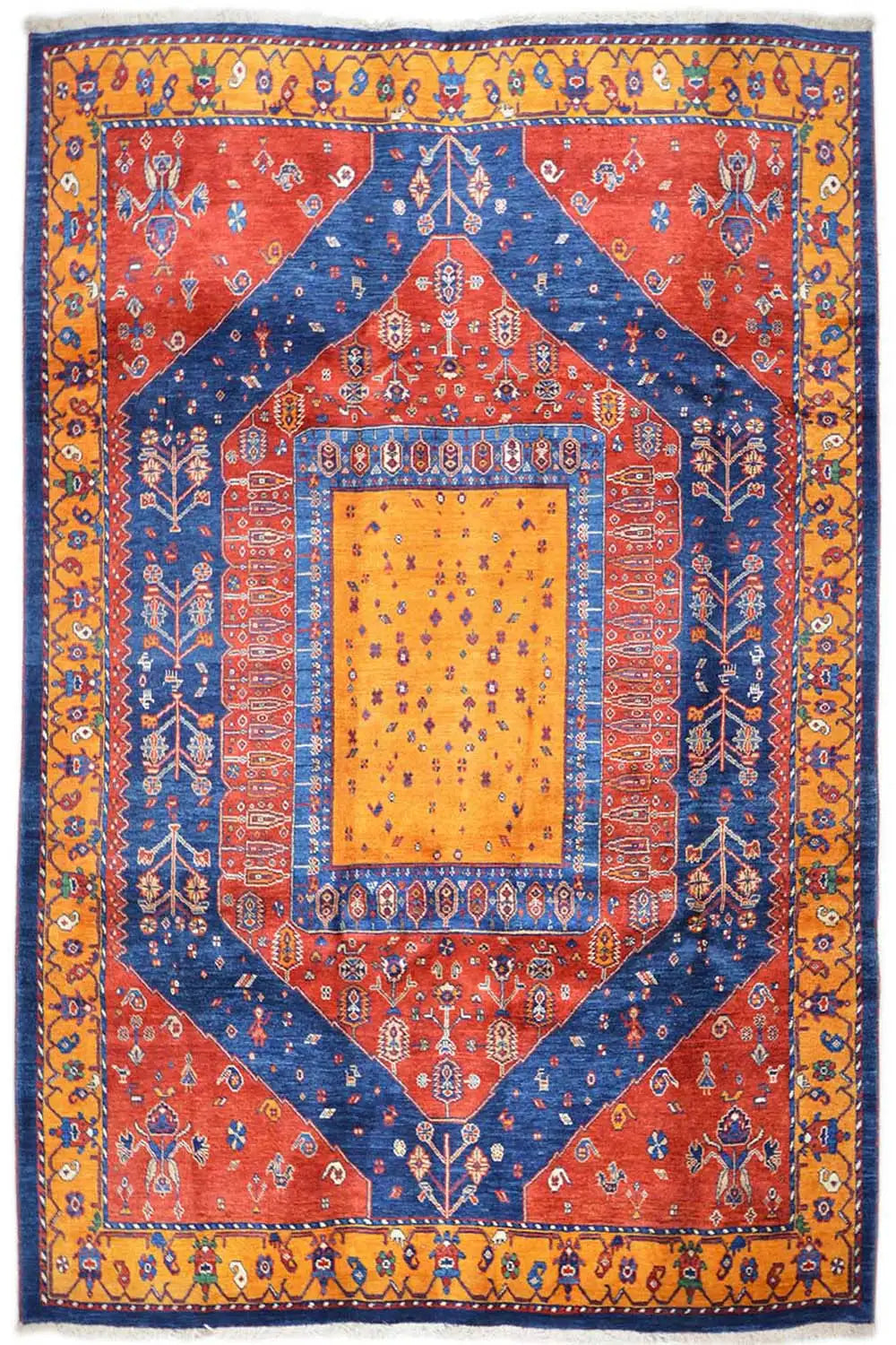 Gabbeh rug: red field, blue corner pattern, and yellow central medallion, wide border.
