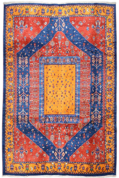 Gabbeh rug: red field, blue corner pattern, and yellow central medallion, wide border.