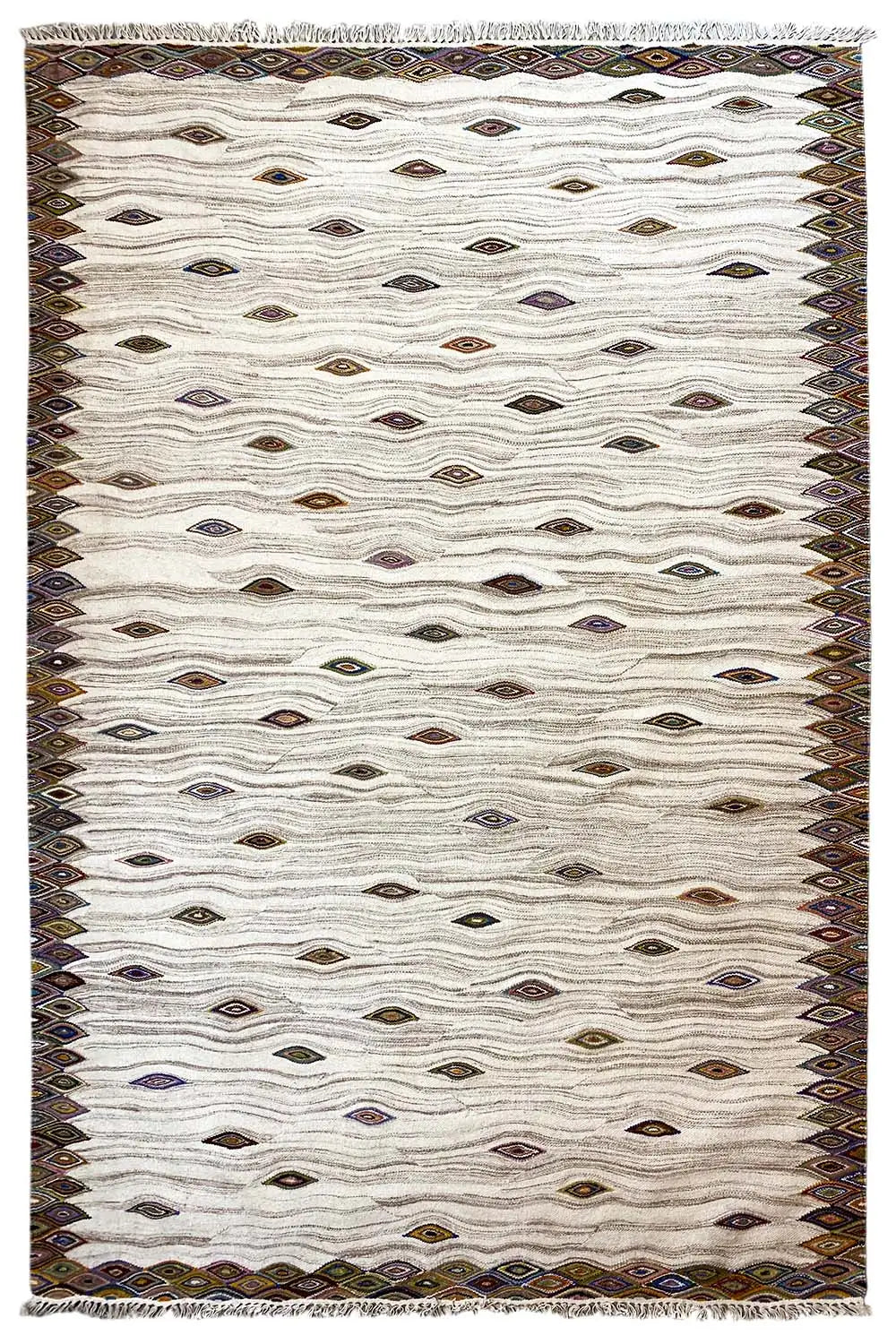 Kelim dhurrie rug (160×230 cm), cream-colored with diamond patterns and a border