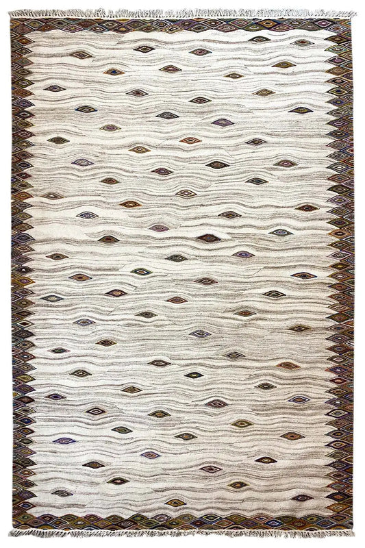 Kelim dhurrie rug (160×230 cm), cream-colored with diamond patterns and a border