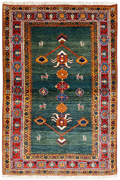 Gabbeh rug 162x110 cm with a petrol-green field and red border pattern