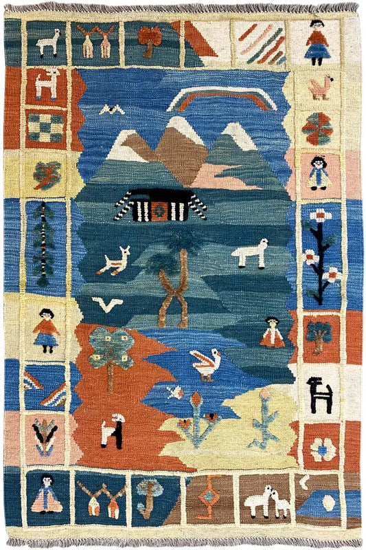 Kilim rug with a blue center, multicolored border, and fringes; many small symbols