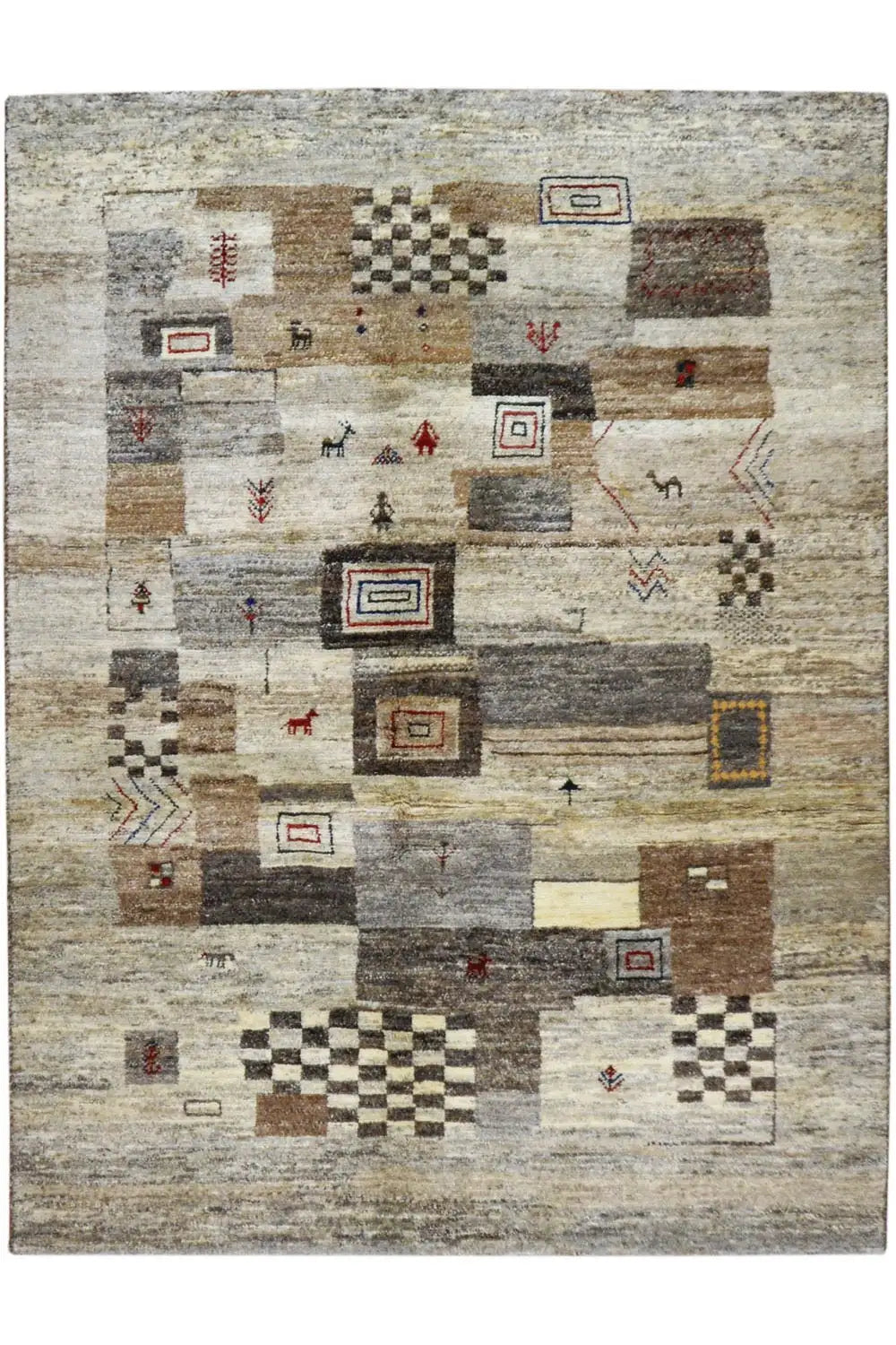 Gabbeh rug 200x151 cm: Rectangular rug with patchwork motifs in gray/beige