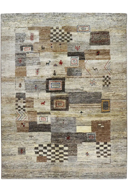 Gabbeh rug 200x151 cm: Rectangular rug with patchwork motifs in gray/beige