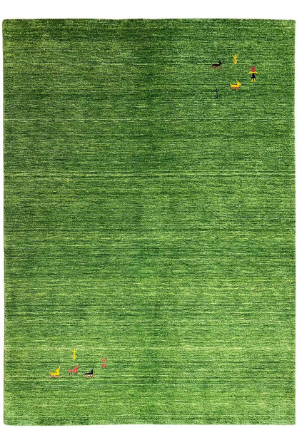 Green Gabbeh rug with a fine woven texture and scattered colorful animal motifs