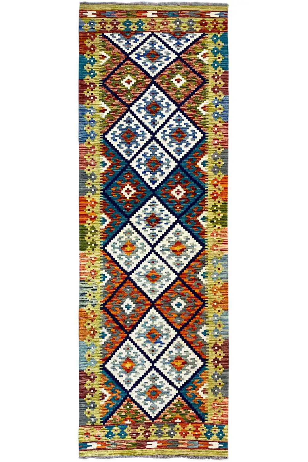 Afghan kilim runner with diamond and cross patterns, multicolored, rectangular