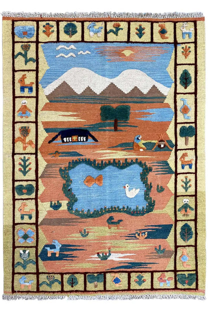 Kilim rug with a landscape in the center, a border with squares, and fringes, multicolored.