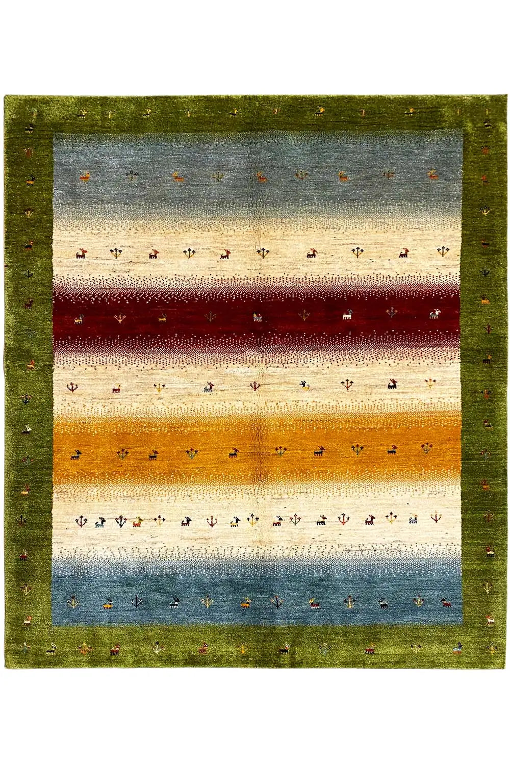 Gabbeh Lori rug with a green border and multicolored horizontal stripes, striped in the center.