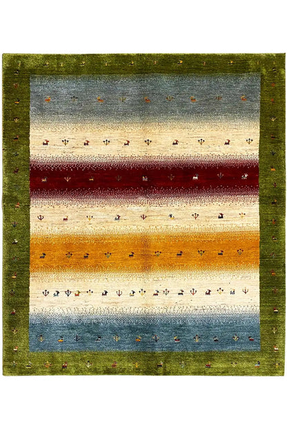Gabbeh Lori rug with a green border and multicolored horizontal stripes, striped in the center.
