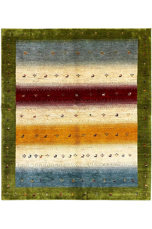 Gabbeh Lori rug with a green border and multicolored horizontal stripes, striped in the center.