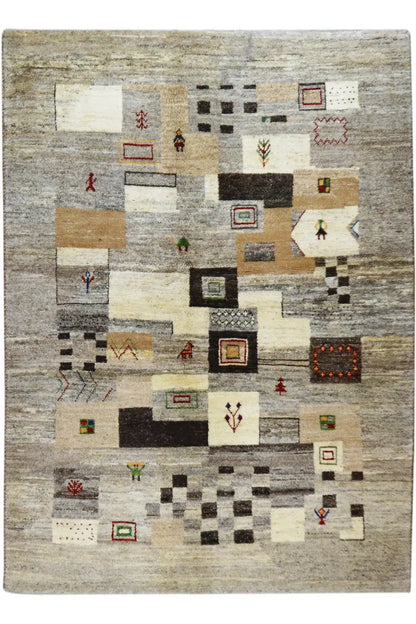 Gabbeh rug 204x150 cm, geometric patchwork pattern in gray, cream, and colors.