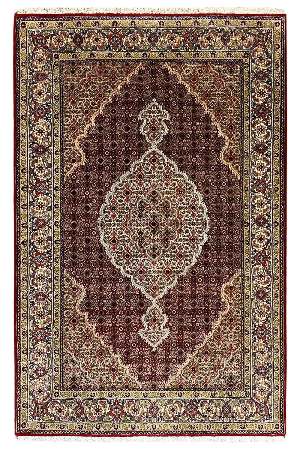 Indo Tabriz rug with a square medallion and ornamental border, dark red/brown