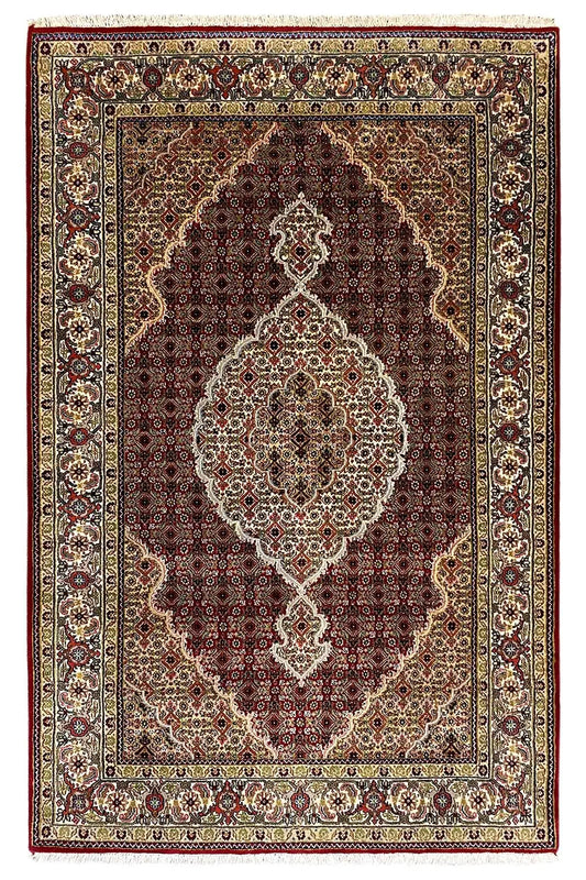 Indo Tabriz rug with a square medallion and ornamental border, dark red/brown