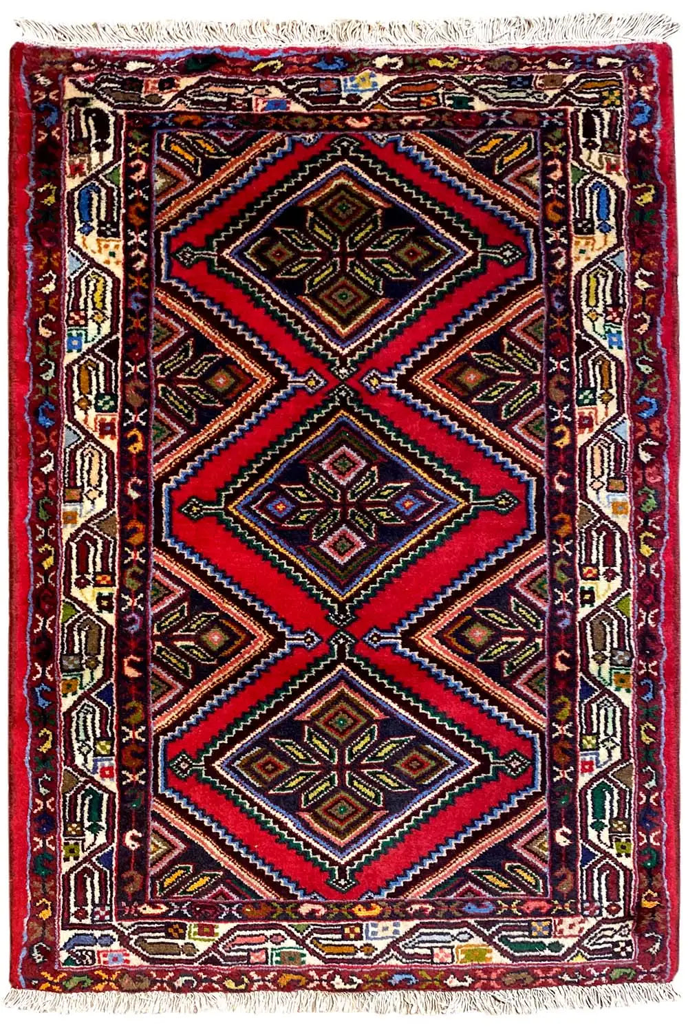 Square rug with a geometric diagonal pattern, multicolored, fringed