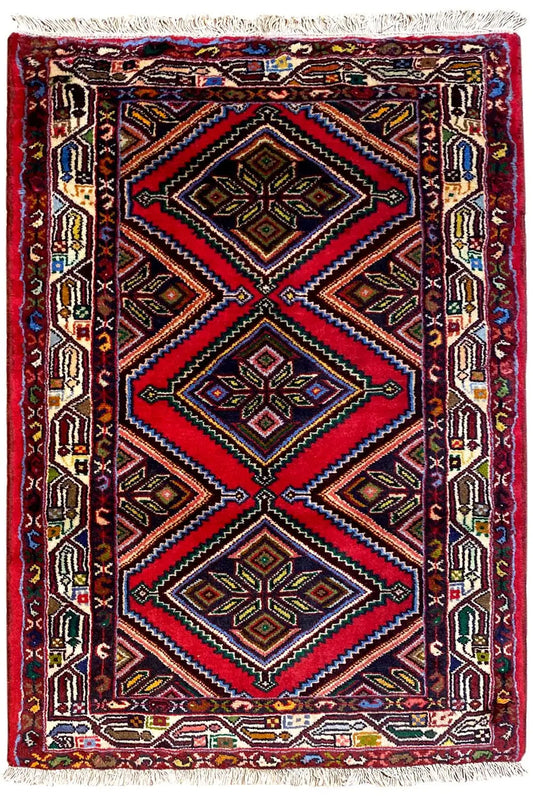 Square rug with a geometric diagonal pattern, multicolored, fringed