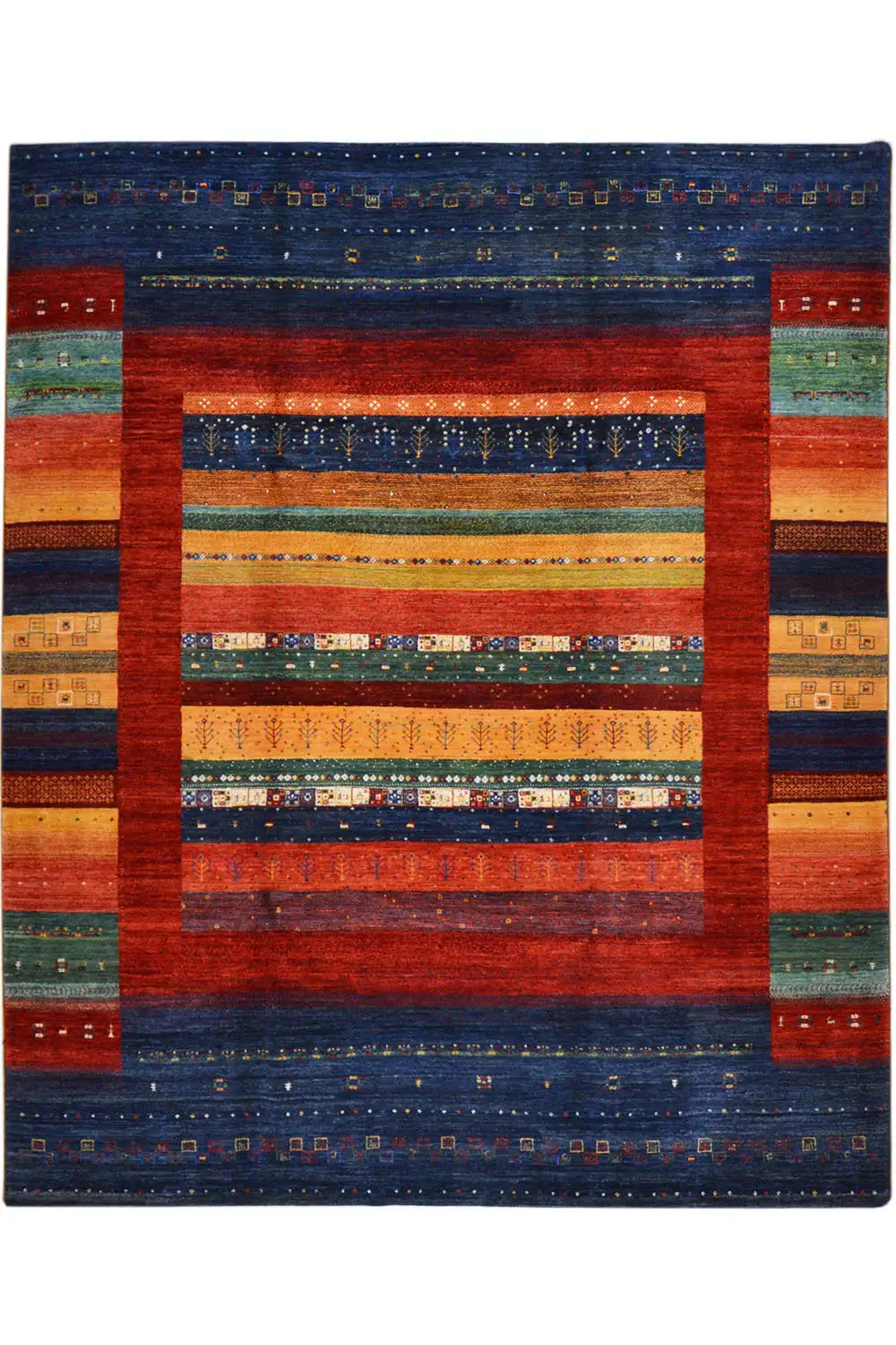 Rug with a square medallion, red central field, and blue border ornaments