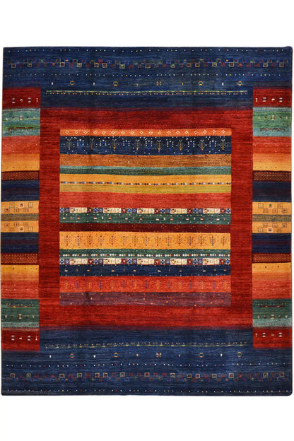Rug with a square medallion, red central field, and blue border ornaments