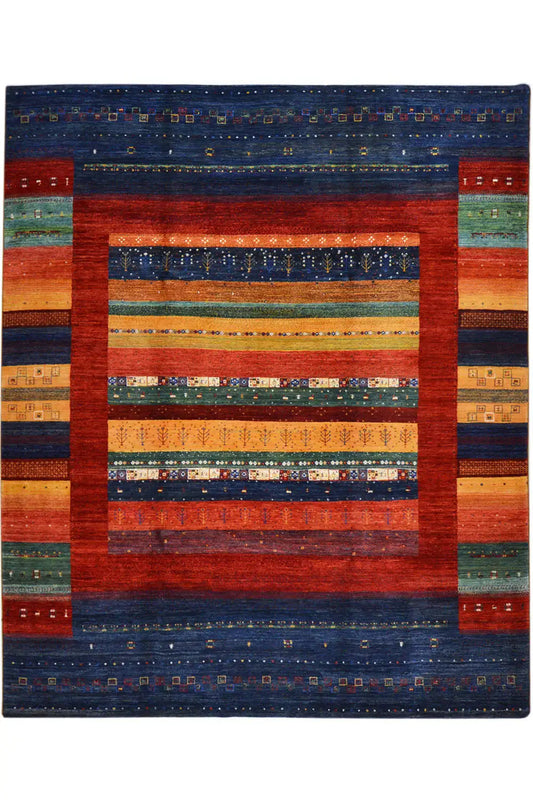 Rug with a square medallion, red central field, and blue border ornaments