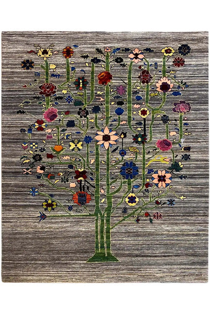 Gabbeh-Lori rug with tree motifs in vibrant colors on a gray background