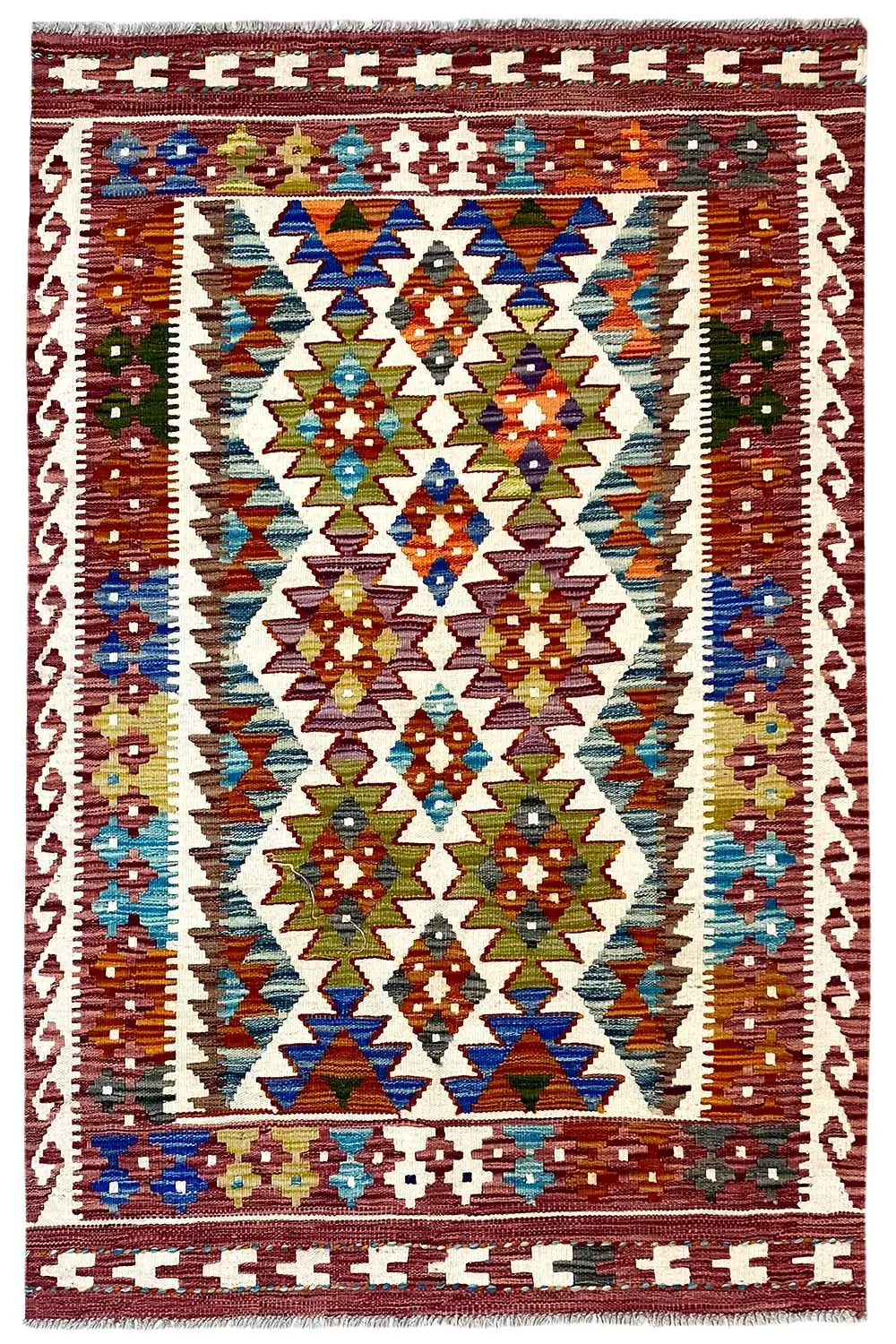 Afghan kilim (148x95 cm) with an all-over geometric central motif and borders