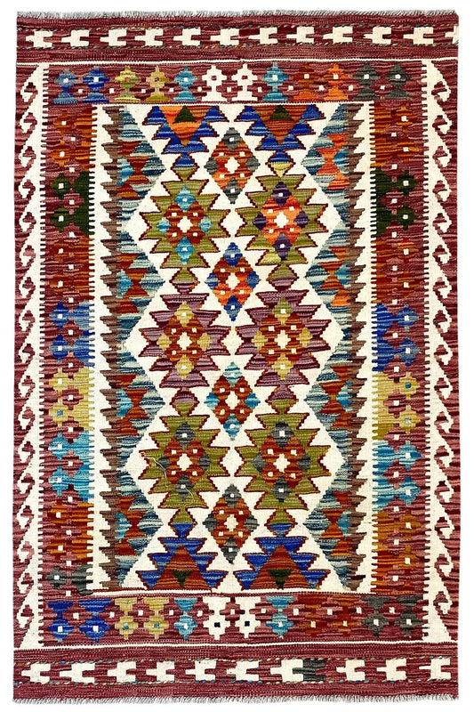 Afghan kilim (148x95 cm) with an all-over geometric central motif and borders