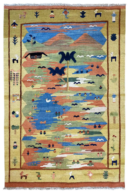 Kilim rug, rectangular, landscape with many colorful motifs in the central field