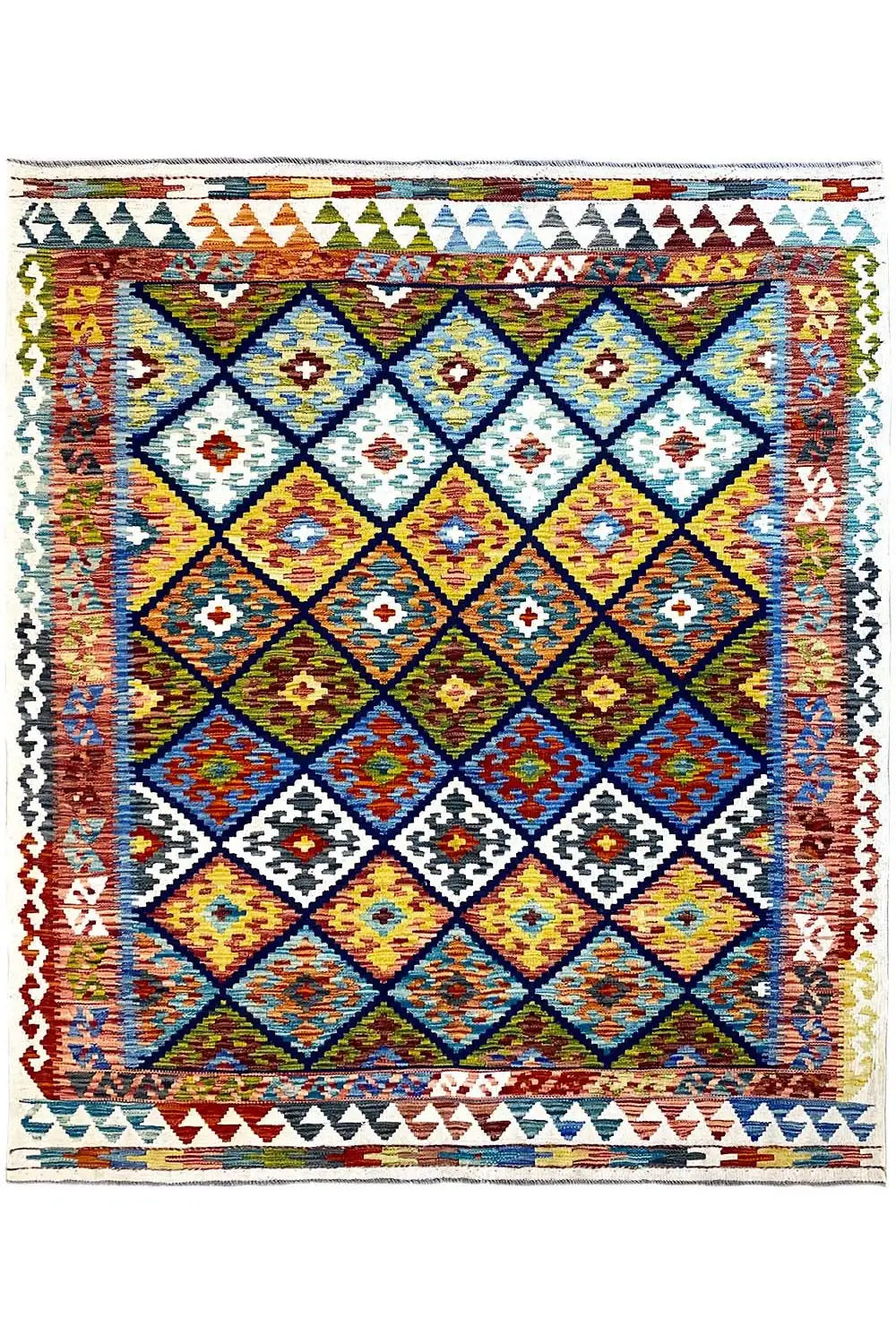 Kilim rug (Afghan) with central diamonds and border, front view