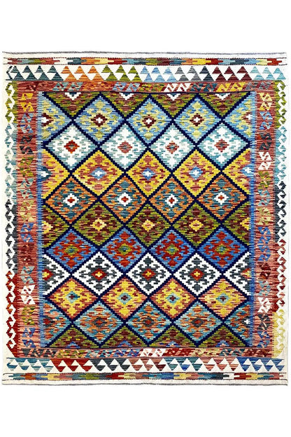 Kilim rug (Afghan) with central diamonds and border, front view