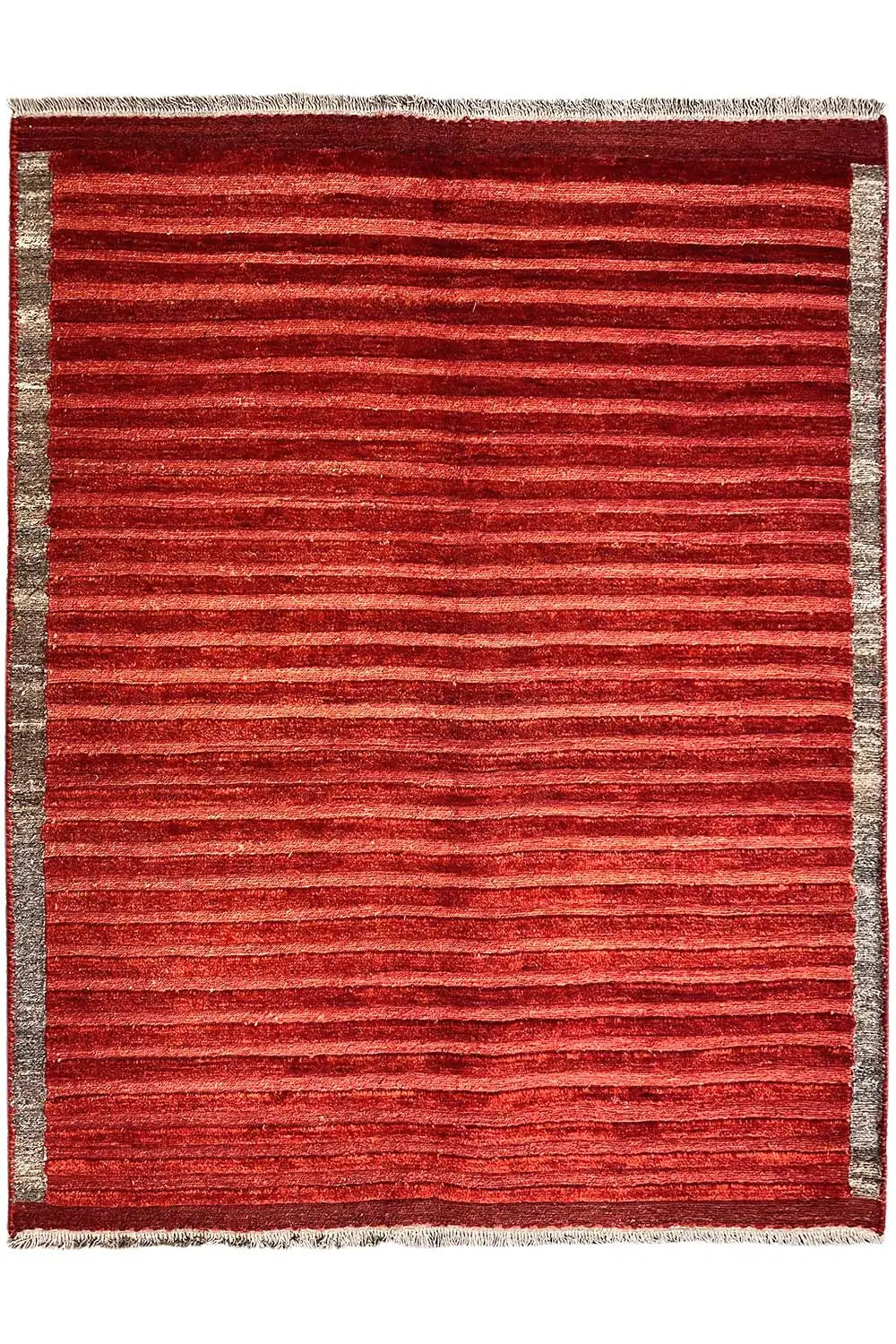 Reddish-brown Gabbeh rug with a gray border and fine stripes, rectangular