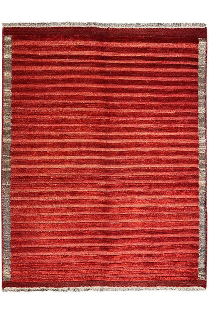 Reddish-brown Gabbeh rug with a gray border and fine stripes, rectangular