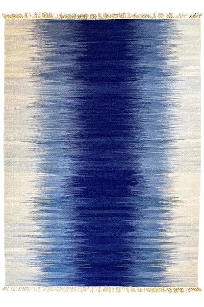 Kelim dhurrie rug, rectangular, blue ombre pattern, with fringes