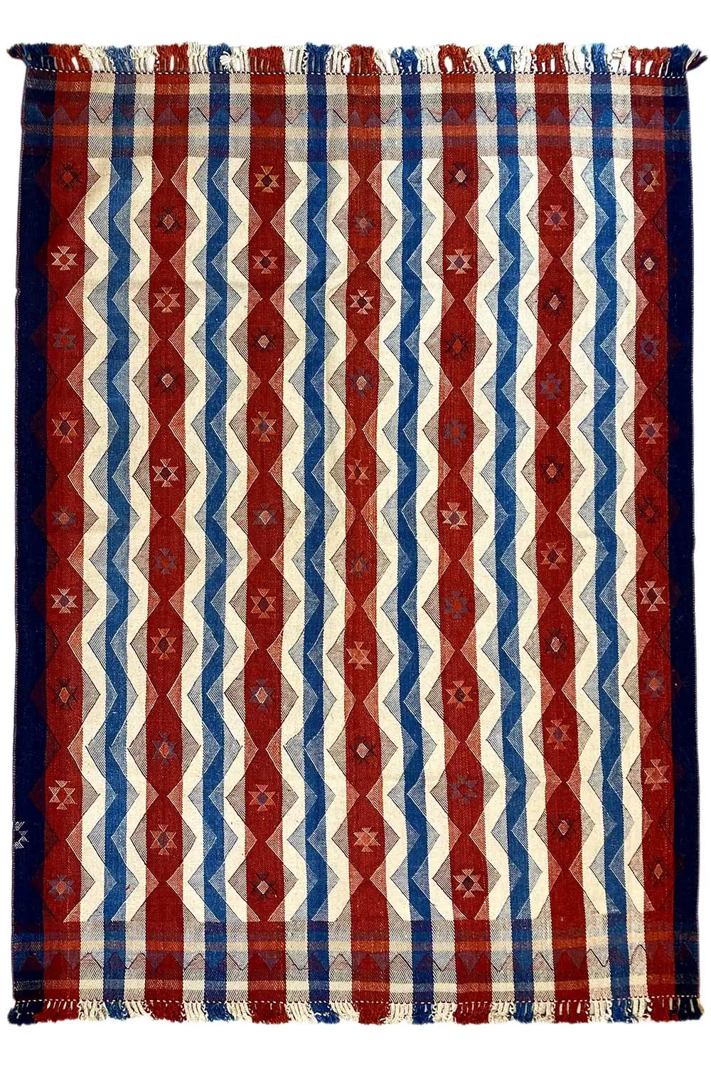 Jajim rug, front view: vertical striped pattern in red, blue, and beige, with fringes