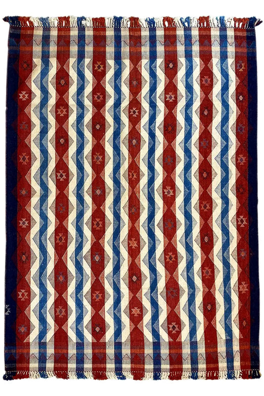 Jajim rug, front view: vertical striped pattern in red, blue, and beige, with fringes