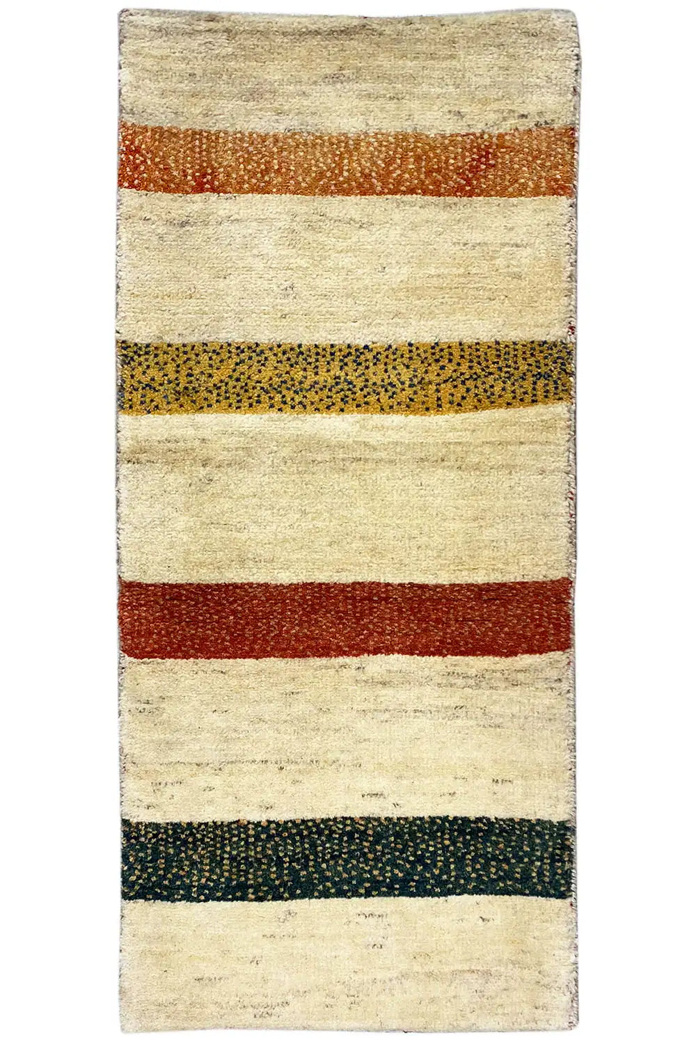Gabbeh rug with wide stripes in beige, red, green and brown