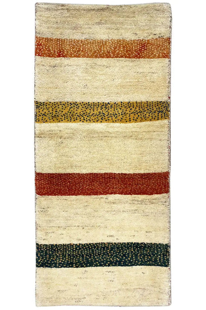 Gabbeh rug with wide stripes in beige, red, green and brown