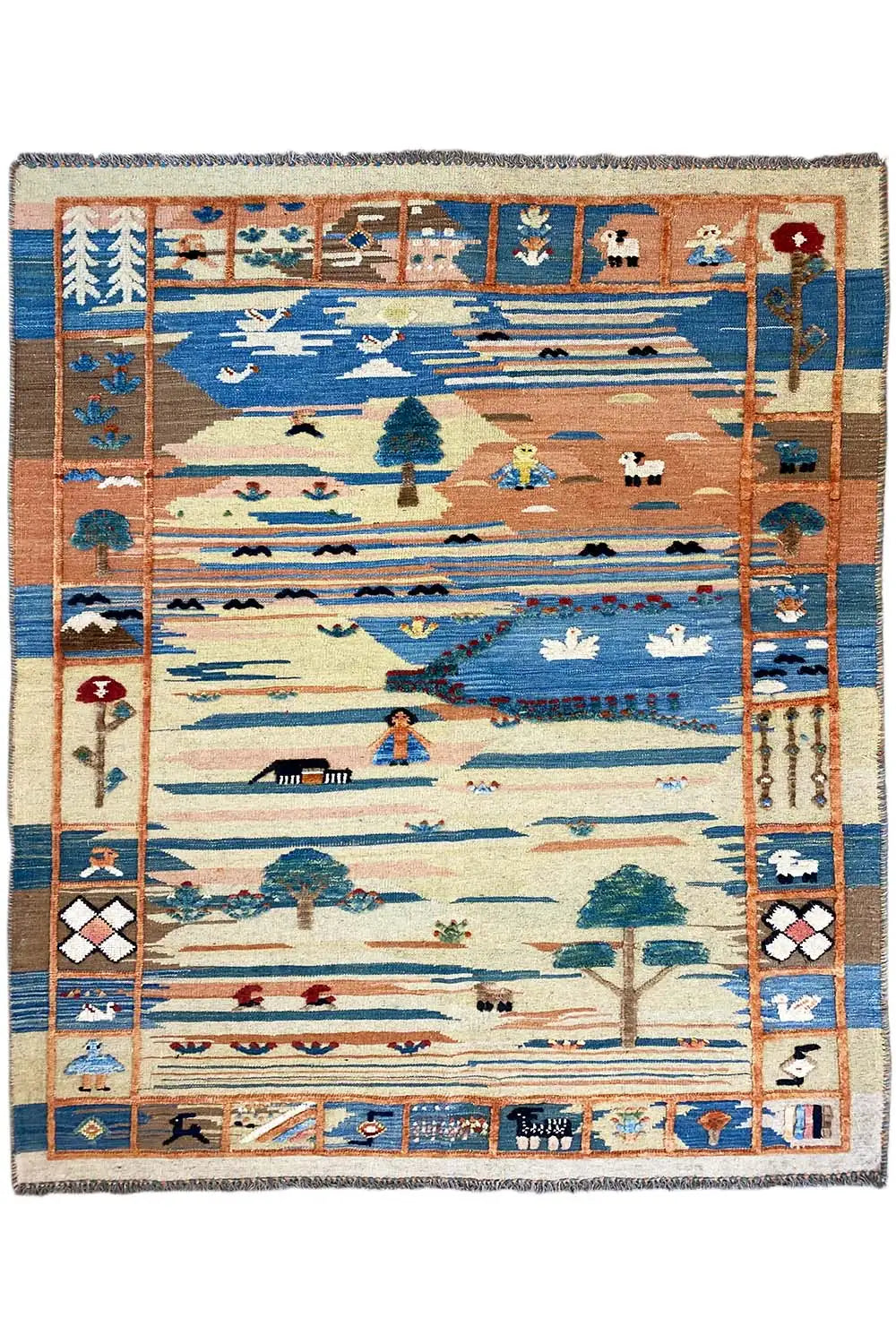 Kilim Qashqai rug: Landscape motifs in blue and orange with borders and fringes
