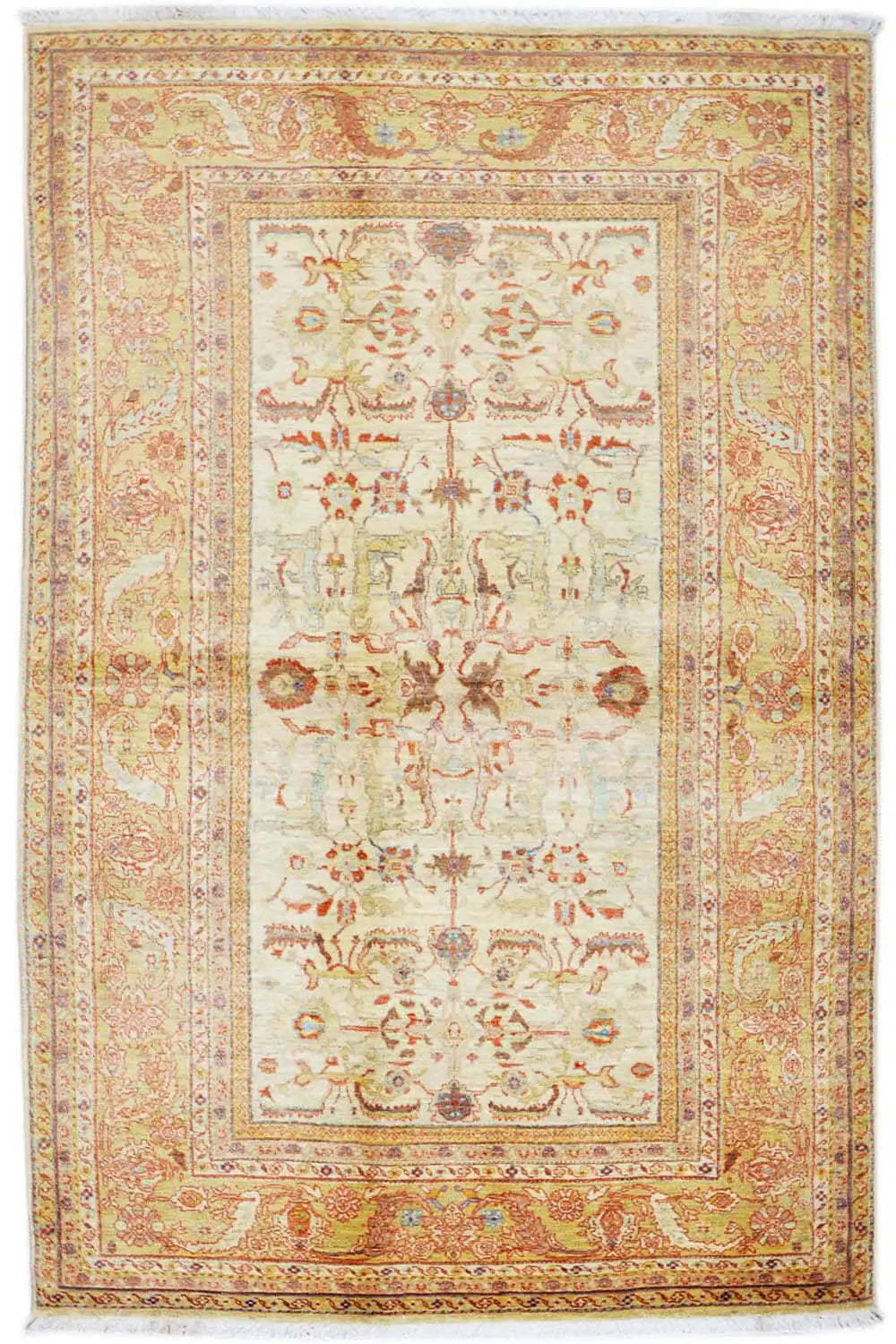 Sultan Abad exclusive rug with a baroque central motif and border in cream, brown, and red