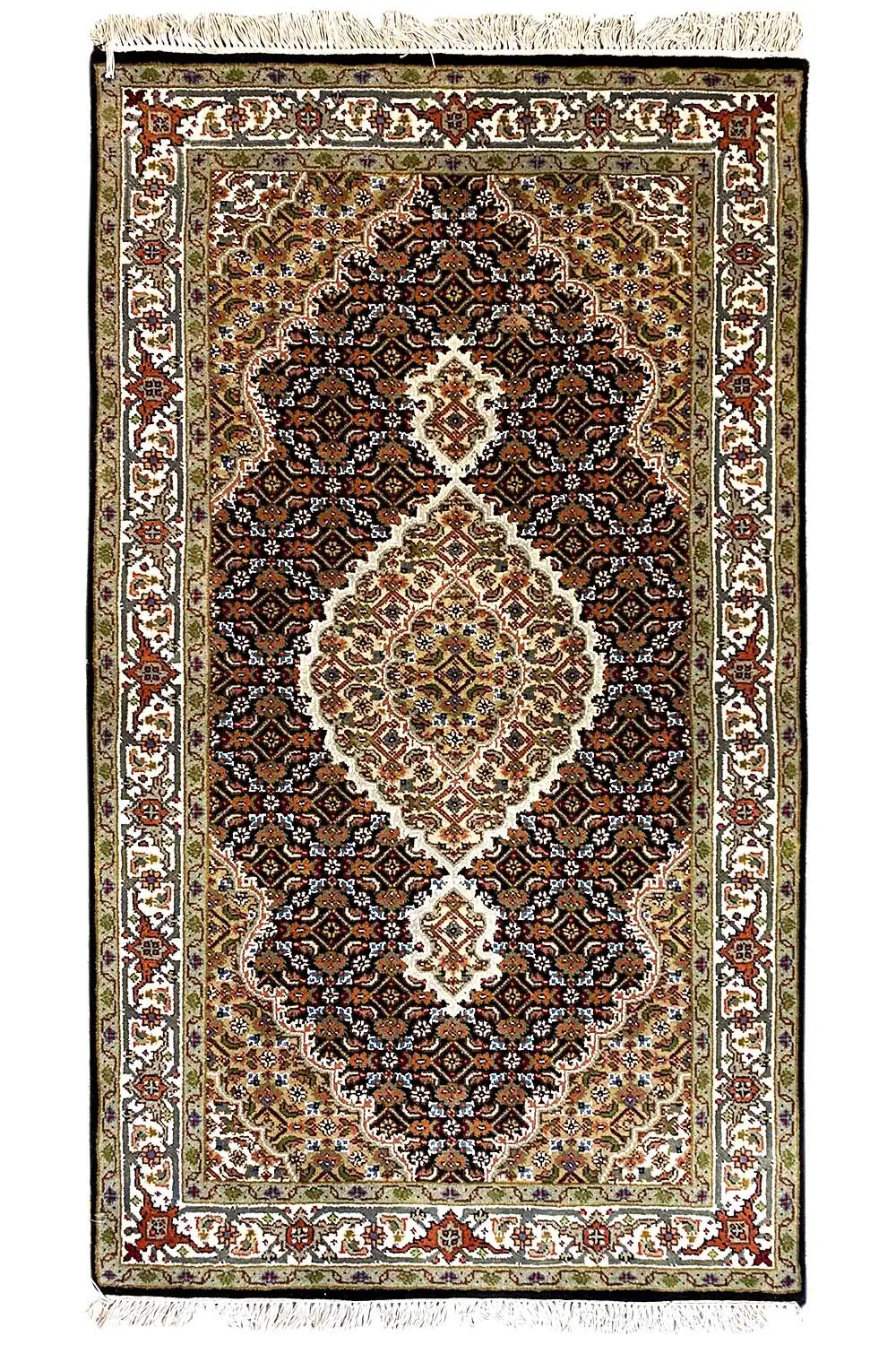 Indo Tabriz rug with central medallion, dark background and decorative border