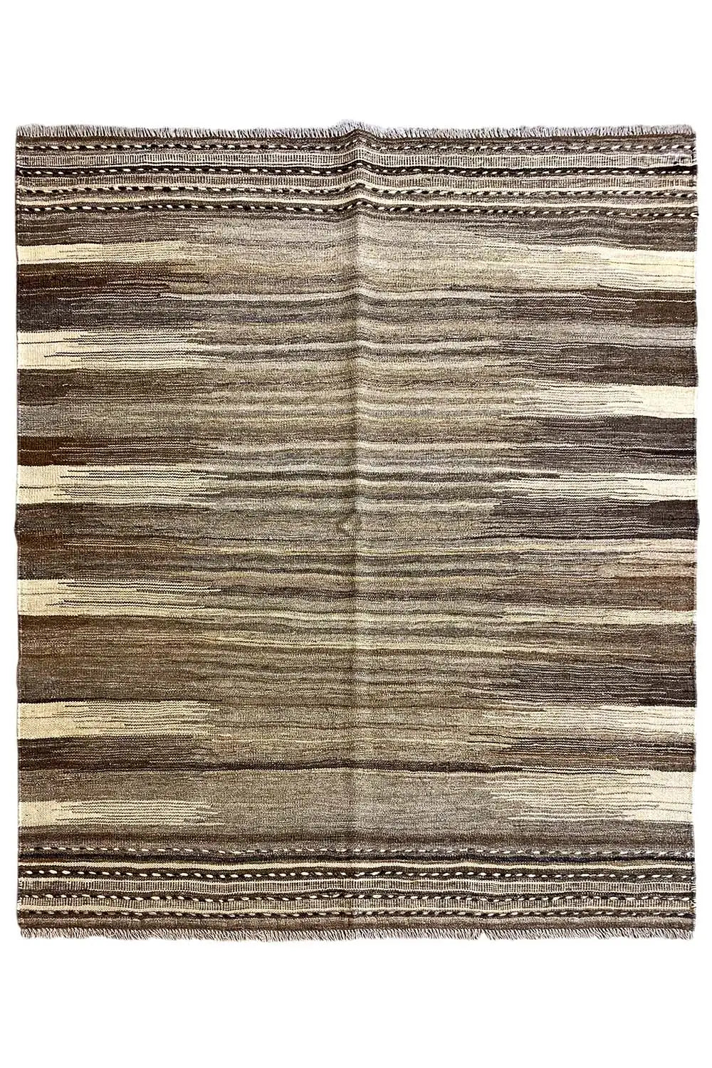 Kilim rug with a linear striped pattern and brown-beige border