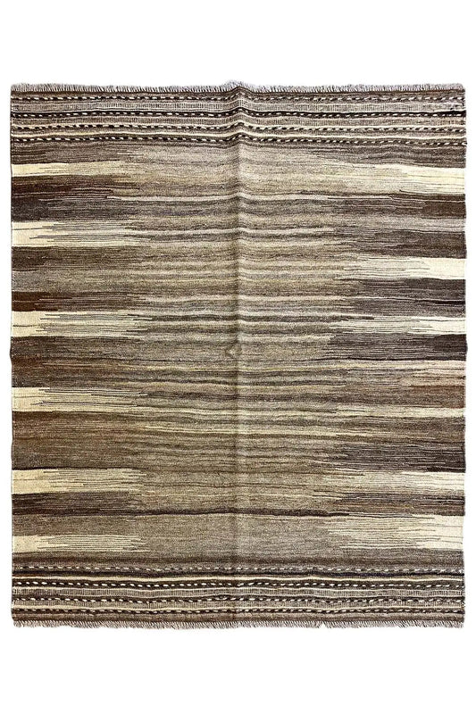 Kilim rug with a linear striped pattern and brown-beige border