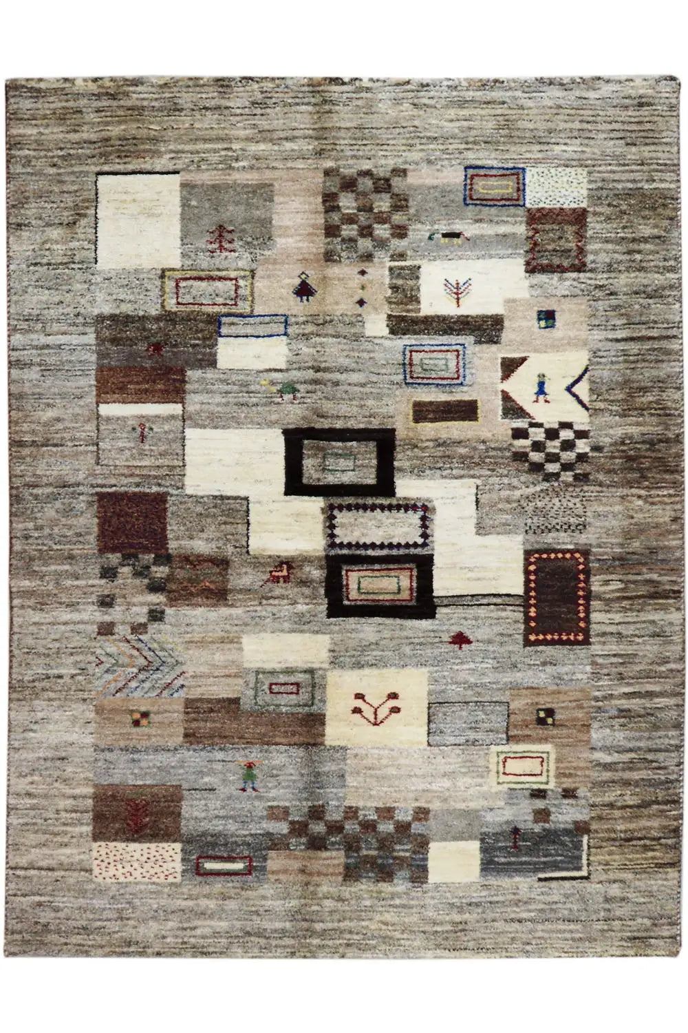 Gabbeh rug 206x155 cm, front view with abstract block patterns in gray and beige