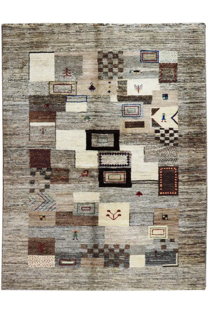 Gabbeh rug 206x155 cm, front view with abstract block patterns in gray and beige
