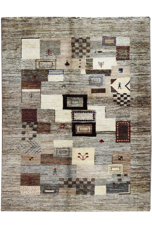 Gabbeh rug 206x155 cm, front view with abstract block patterns in gray and beige