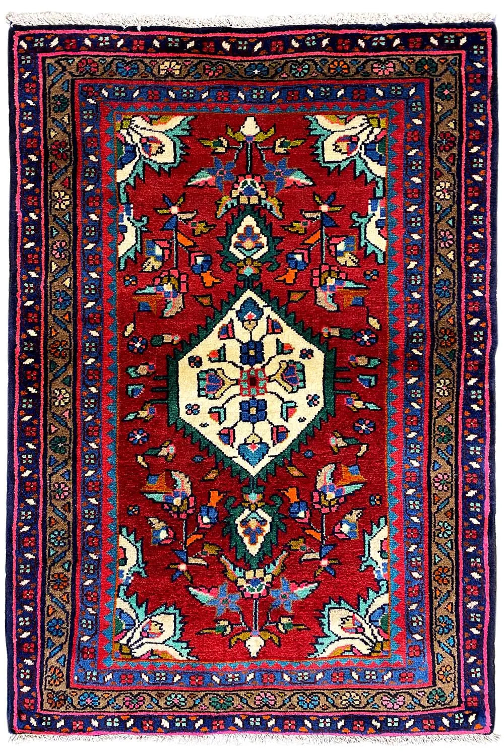 Oriental rug with a red field, blue border, central medallion, and multicolored edging