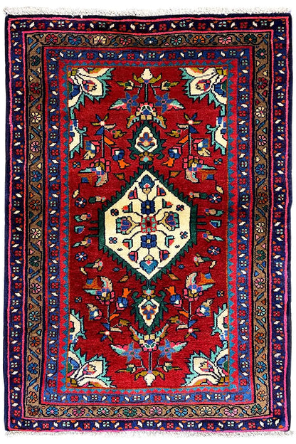 Oriental rug with a red field, blue border, central medallion, and multicolored edging