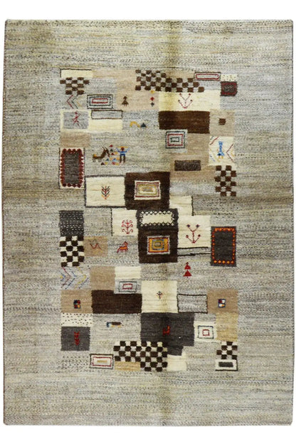 Gabbeh rug, light gray with brown-black, red, and beige geometric motifs