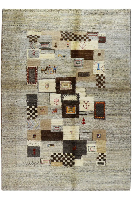 Gabbeh rug, light gray with brown-black, red, and beige geometric motifs
