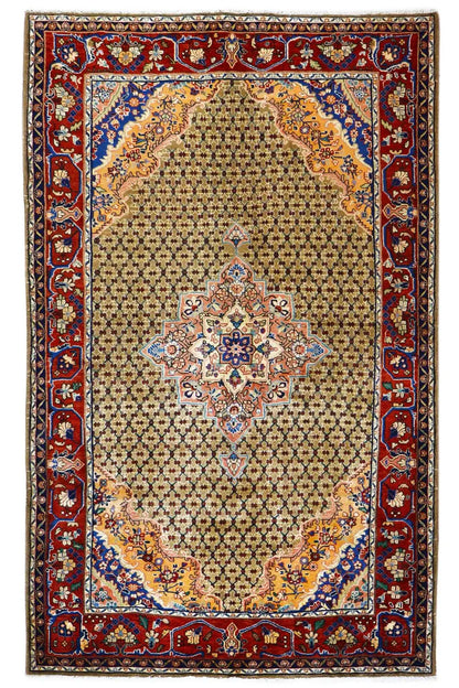 Hamadan rug, front view: red floral border, central ornament in beige with blue and red