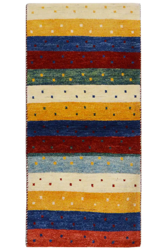 Gabbeh rug 142x66 cm with multicolored stripes and dot pattern